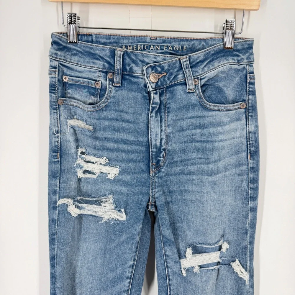 American Eagle‎ Women 6 Long Tall Blue Distressed Flare Jeans Next Level Stretch
